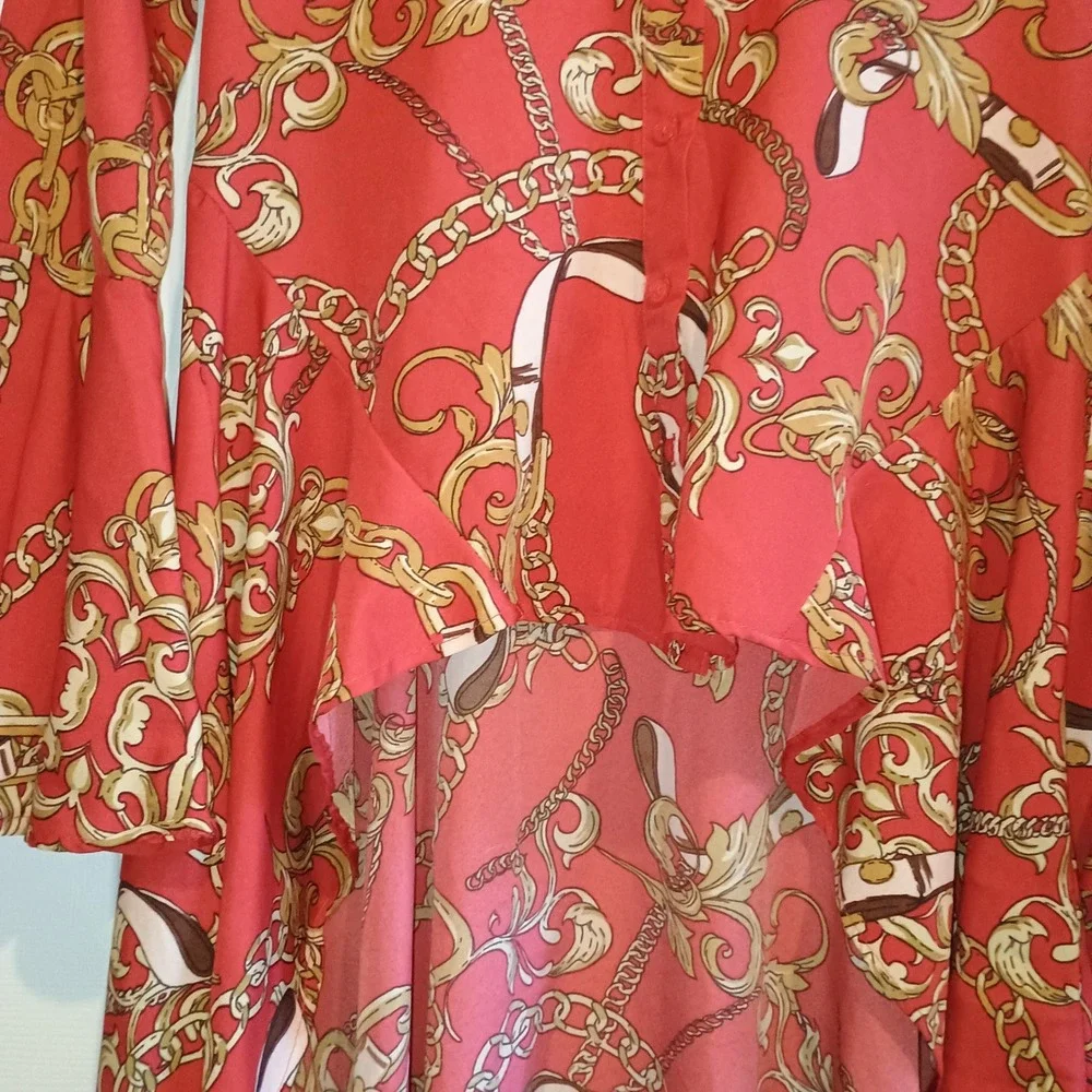 Truth Small VERSACE Inspired Chain Print Hi‎ Low Shirt Dress Tunic Red Gold S - Picture 6 of 15